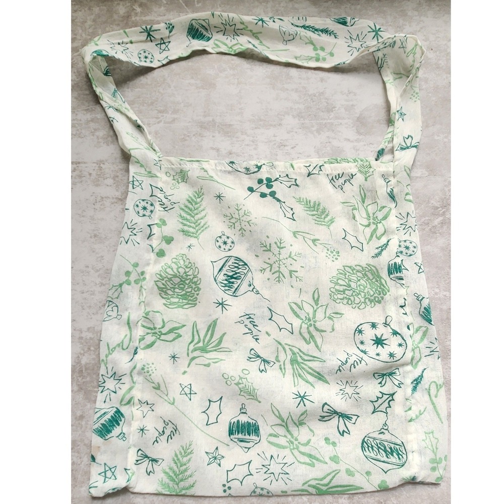 Free People Green Christmas Holiday Print Cotton Reusable Tote Bag Boho 14x14